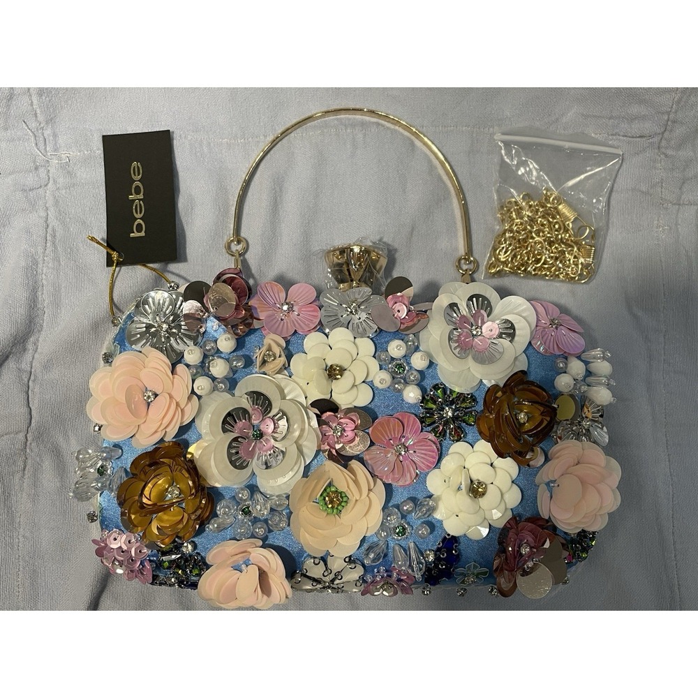 NEW Bebe Blue Women Evening Bag Party Clutch Style Metal Rhinestones Handbag